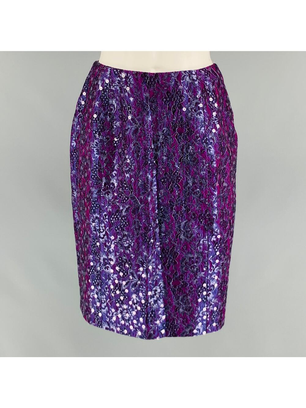 GEOFFREY BEENE Size 6 Purple Silver Lace Below Knee Skirt